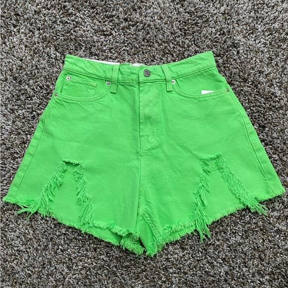 BDG Chewed A-Line High Rise Denim Shorts Size 26 NWT Neon Green - Picture 2 of 7